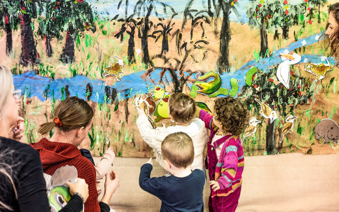 Children adding images to mural